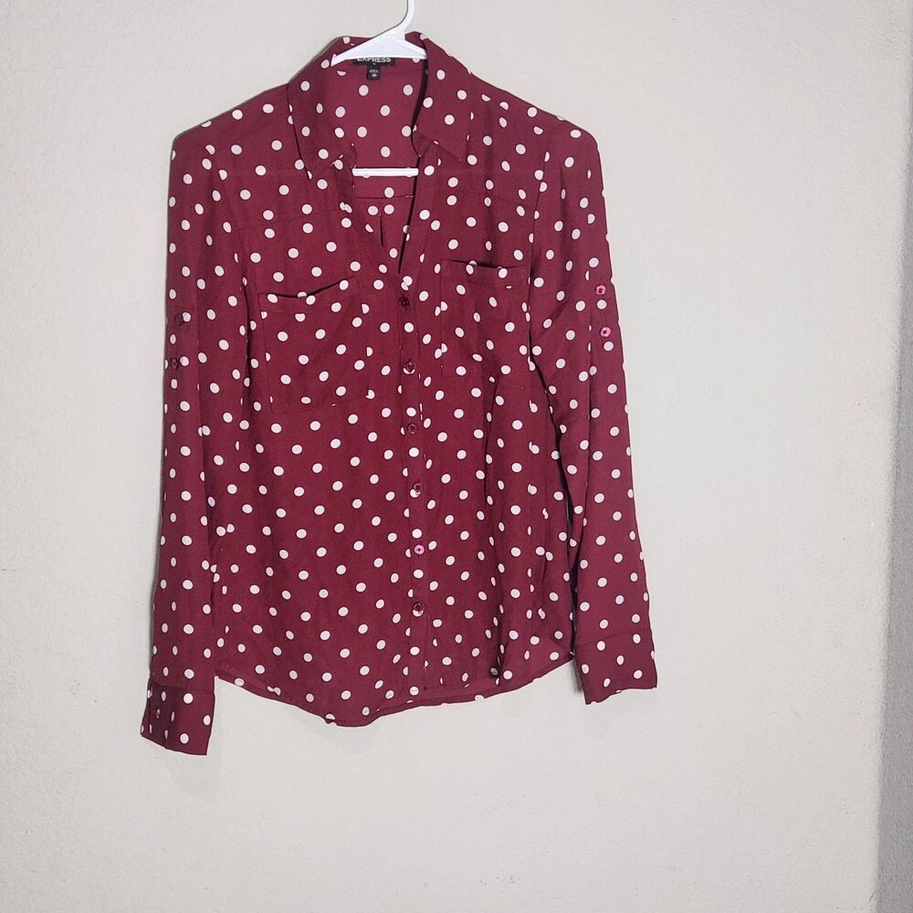 Express Top Womens XS Red Polka Dot Portofino Sheer Button Long Sleeve Career